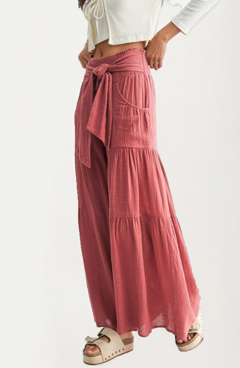 Knit and Lounge Wide-Leg Tie-Front Patch-Pocket Pants, Alternate, color, Reddish Pink