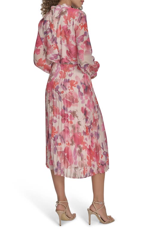 Shop Calvin Klein Floral Tie Neck Long Sleeve Pleated Chiffon Midi Dress In Tulip Multi