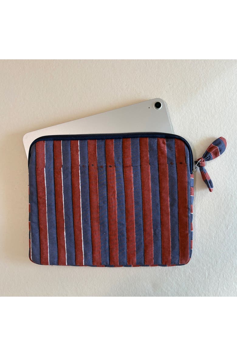 Quilted Cotton iPad Tablet Sleeve with Hand Block Print, Alternate, color, Red & Blue Stripes