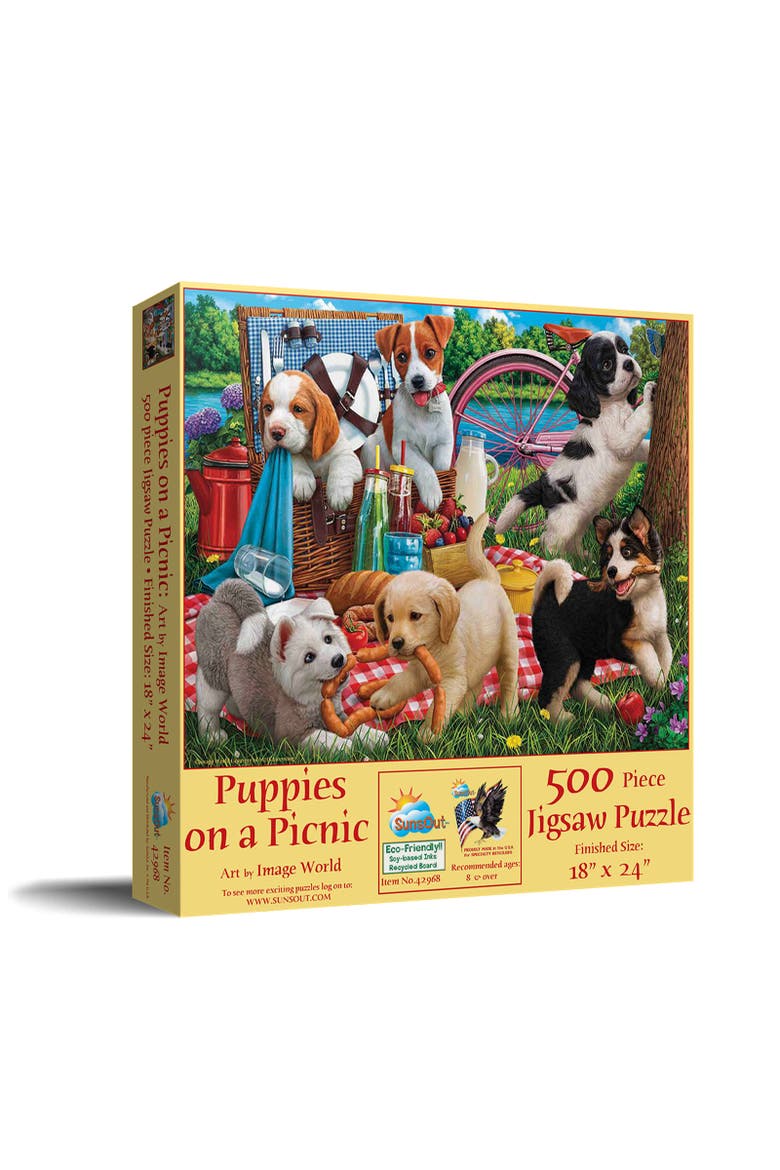 Puppies on a Picnic 500 piece Jigsaw Puzzle for Adults, Main, color, Multicolor