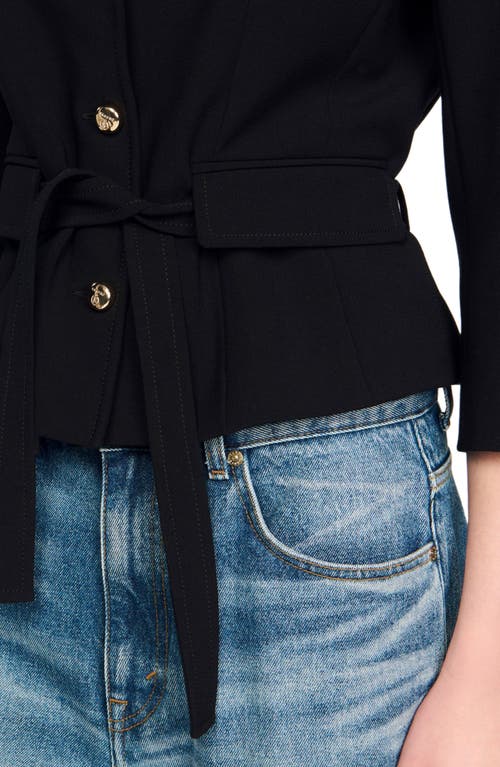 Sandro Cropped Tailored Belted Waist Jacket In Black