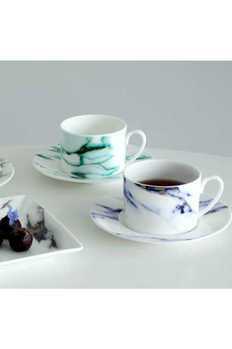 Marble Azure Tea Cup & Saucer, Alternate, color, White