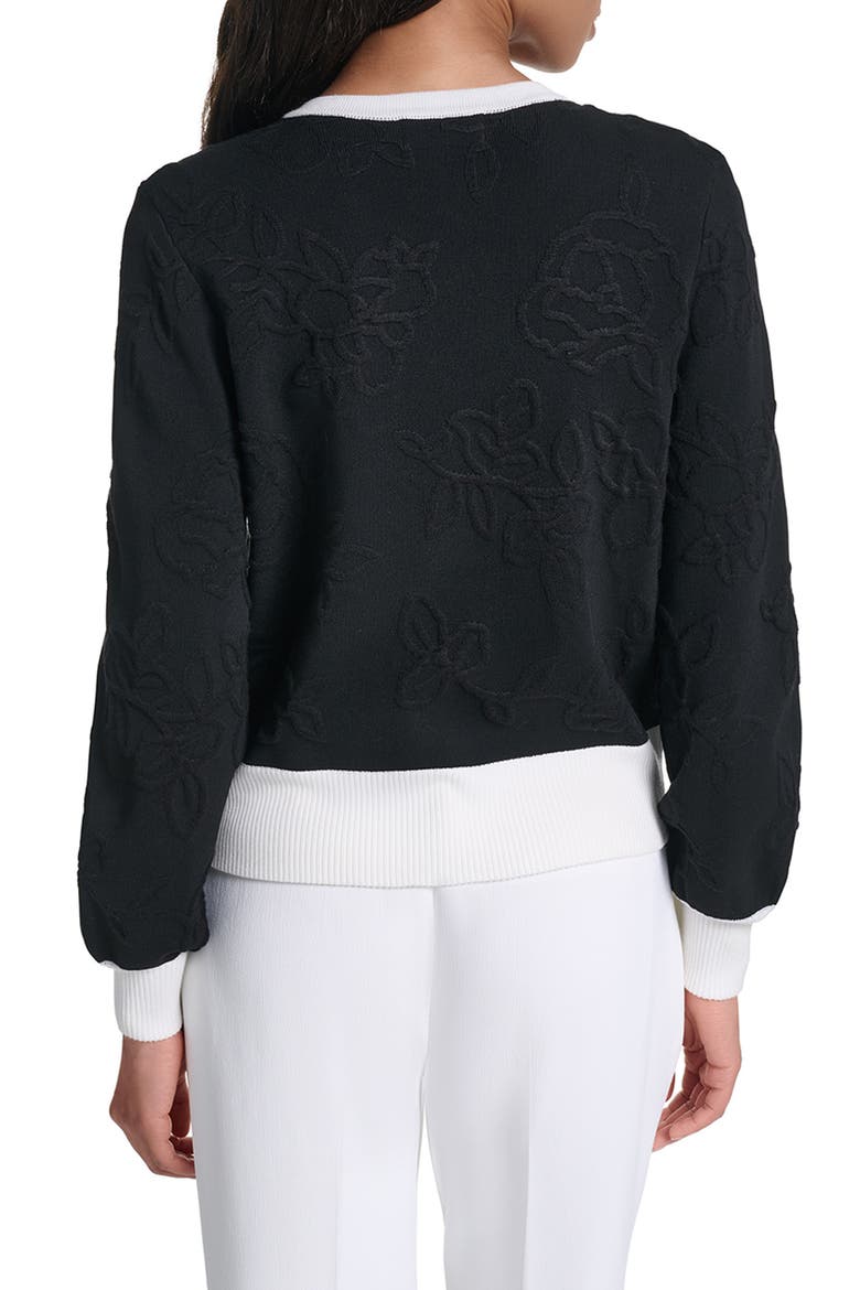 Jacquard Pattern Crewneck Cardigan, Alternate, color, BLACK/ SOFT WHITE