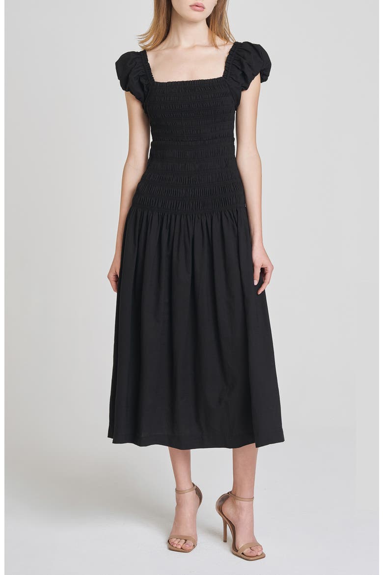 Cassidy Smock Bodice Midi Sundress, Main, color, BLACK