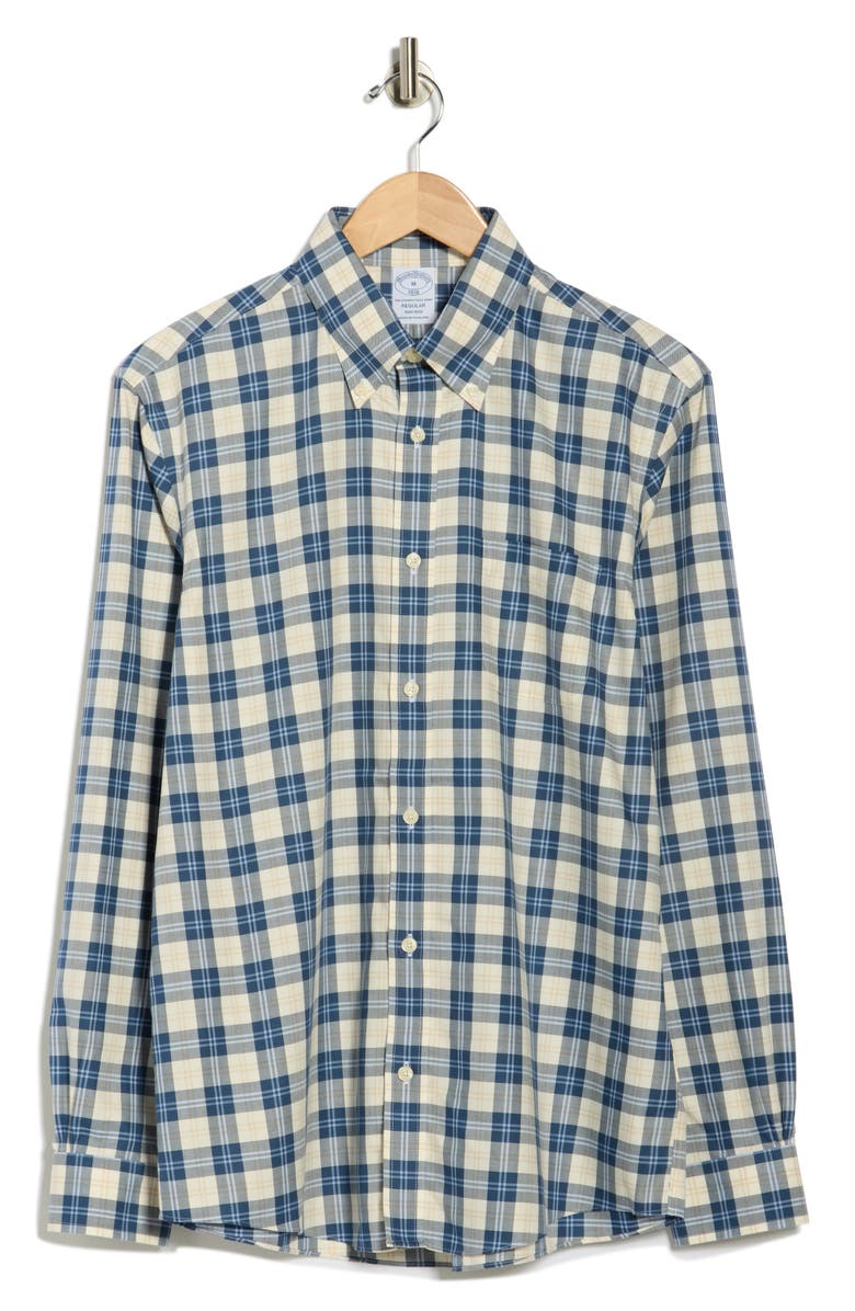 Brooks Brothers Non-Iron Regular Fit Cotton Button-Down Shirt, Alternate, color, Ivory Navy Plaid
