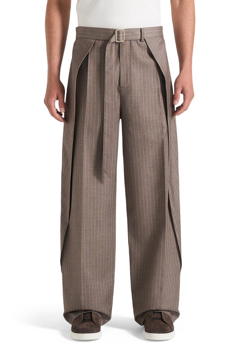 Charles Wide Fit Wrap Leg Pinstripe Tailored Trousers, Alternate, color, Taupe