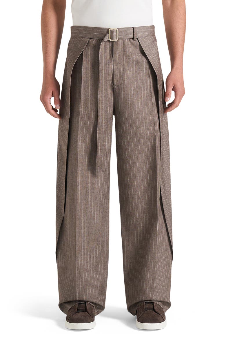 Manière De Voir Charles Wide Fit Wrap Leg Pinstripe Tailored Trousers, Alternate, color, Taupe