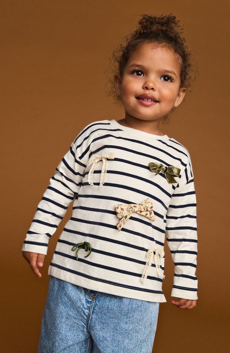 NEXT Kids' Stripe Bow Appliqué Cotton Top, Alternate, color, Neutral