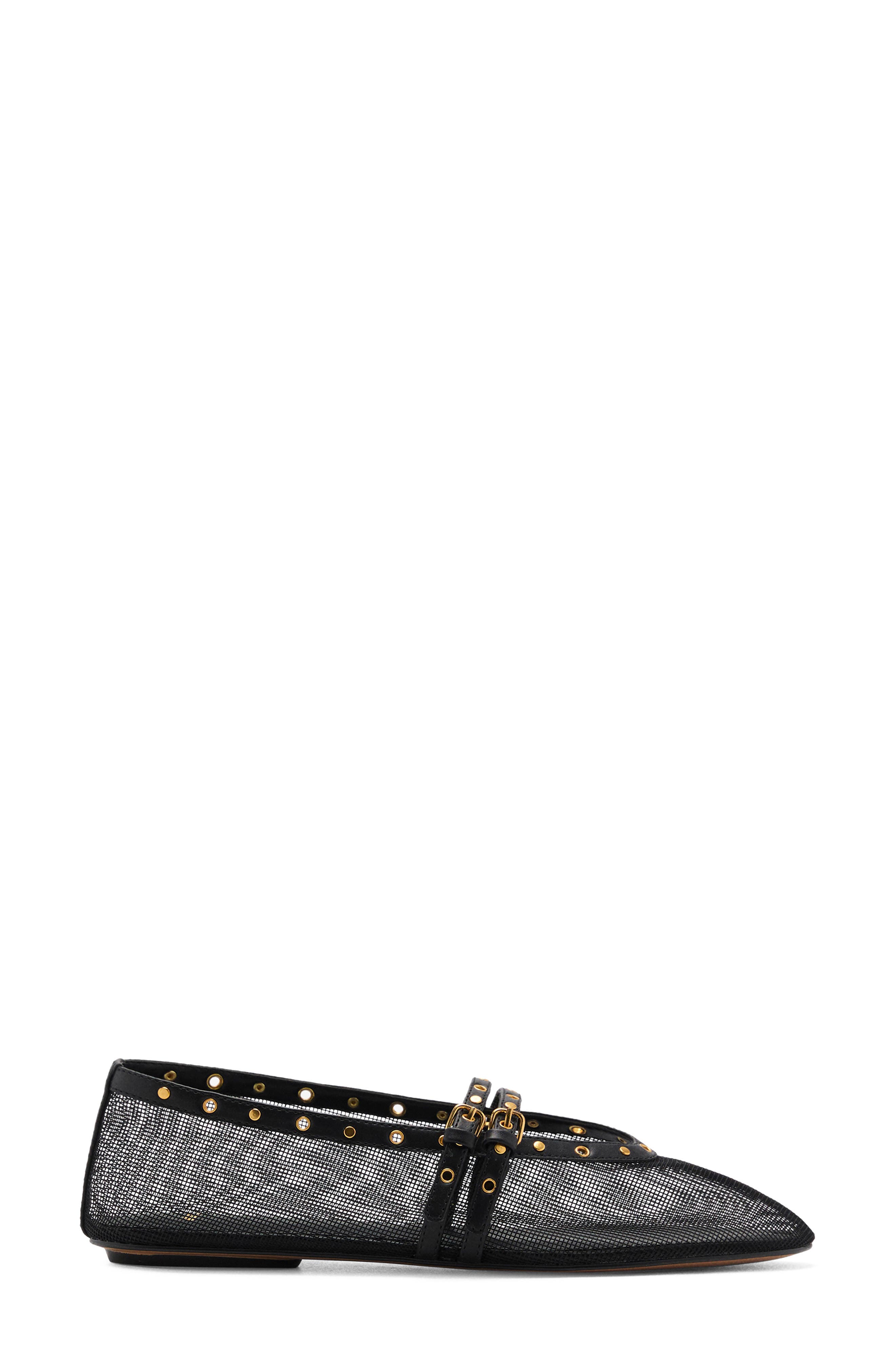 MANGO Studded Buckle Strap Mesh Ballet Flat, Alternate, color, Black