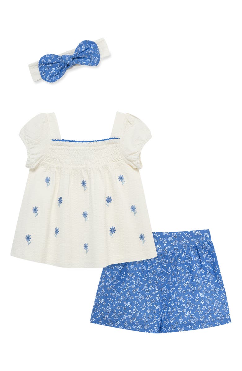 Little Me Embroidered Top, Shorts & Headband Set, Main, color, Blue