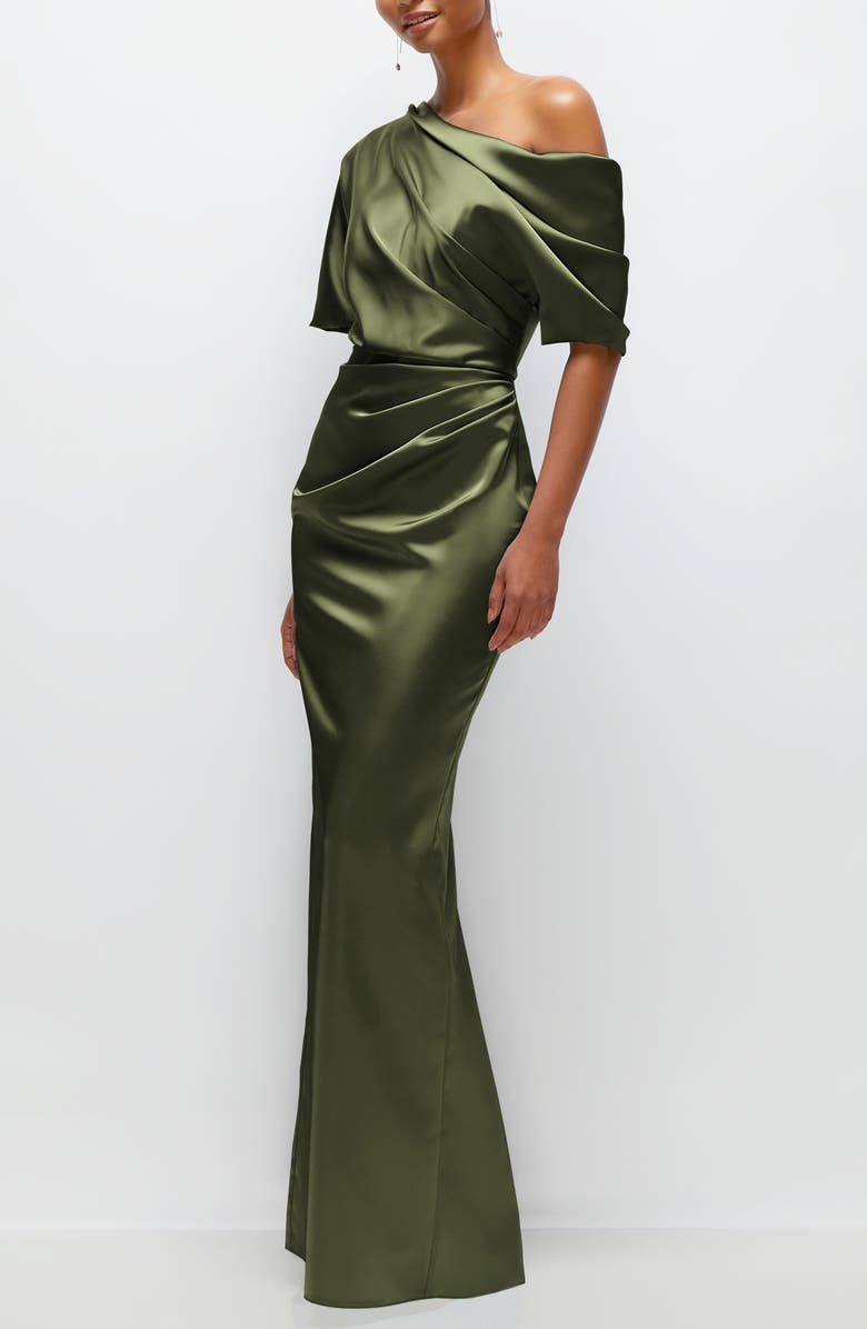 After Six Ruched One-Shoulder Satin Gown, Alternate, color, Olive Green