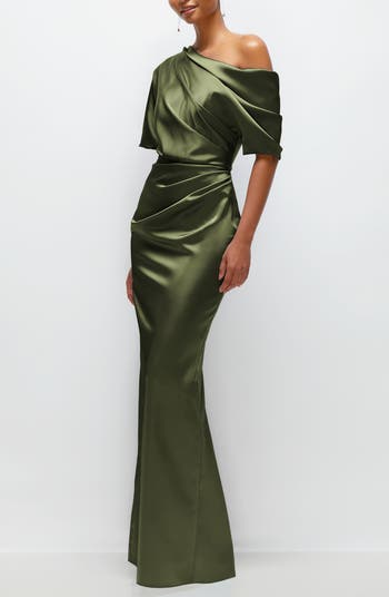 Ruched One-Shoulder Satin Gown