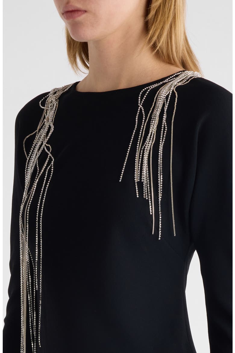 Davion Crystal Chain Raw Hem Long Sleeve Midi Dress, Alternate, color, BLACK