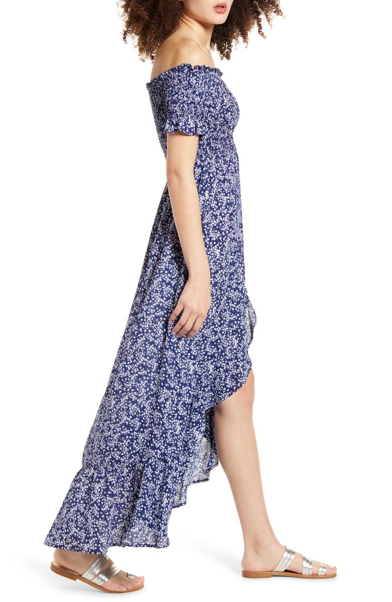 Lulus Fleur-tation Off the Shoulder High/Low Dress, Alternate, color, Navy/ White