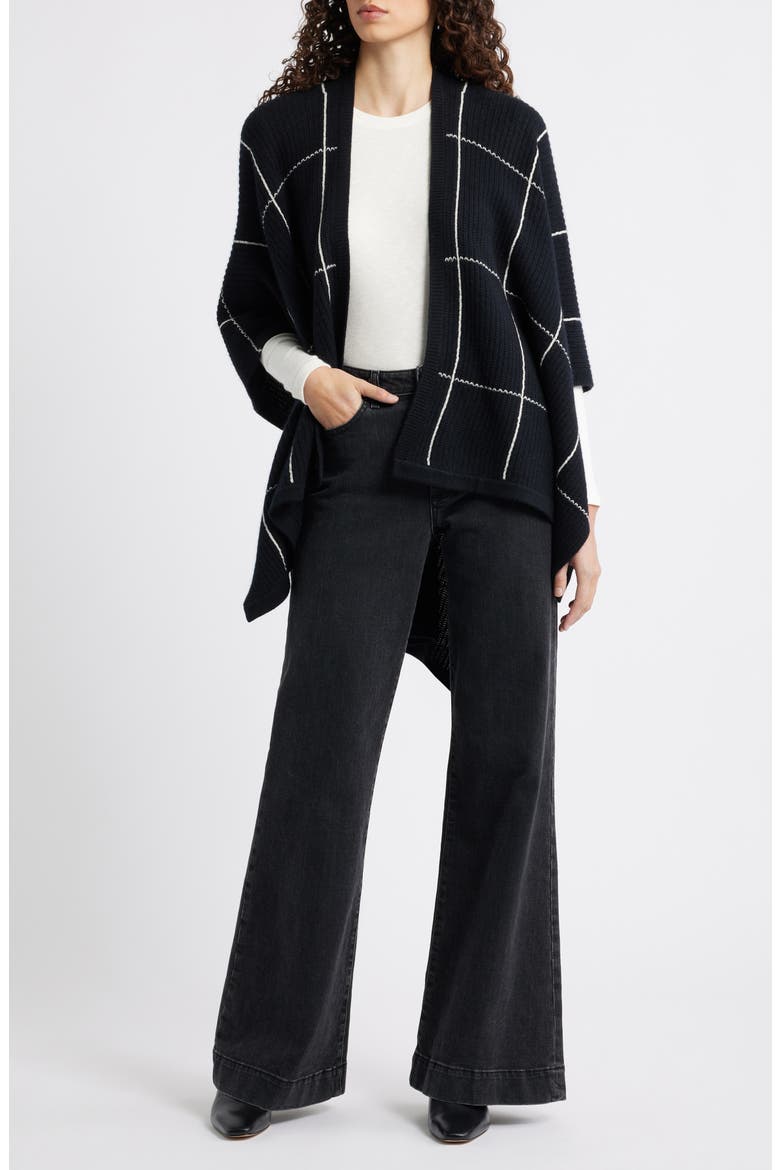 Windowpane Ribbed Wool & Cashmere Poncho, Main, color, BLACK WINDOWPANE