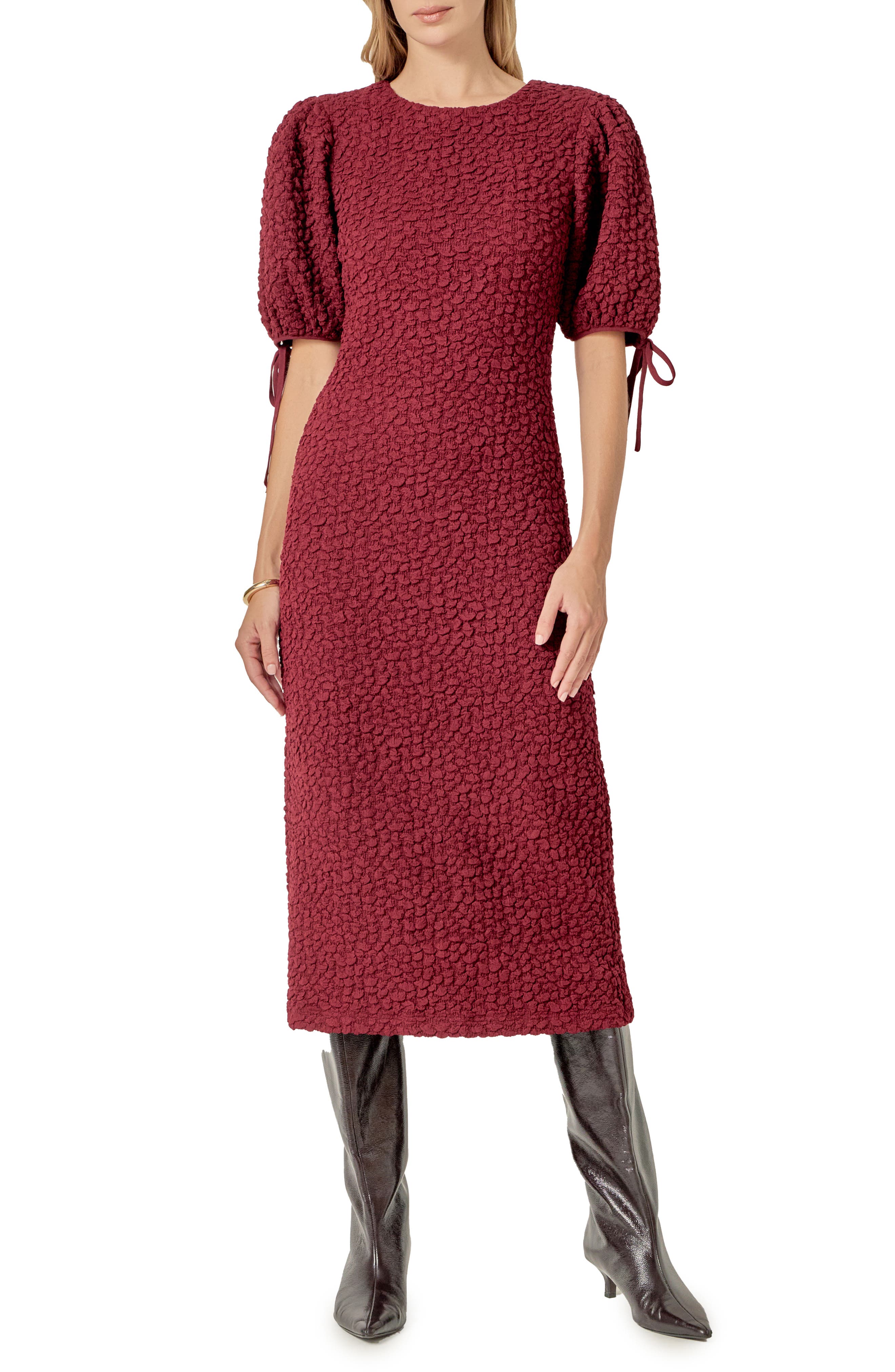 English Factory Textured Puff Sleeve Midi Dress