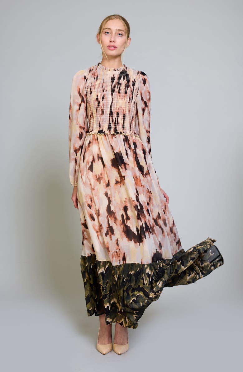 MELLODAY Smocked Long Sleeve Chiffon Maxi Dress, Alternate, color,