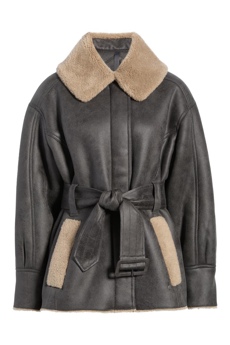 Ensily Faux Leather Belted Jacket with Faux Fur Trim, Main, color, OBSIDIAN