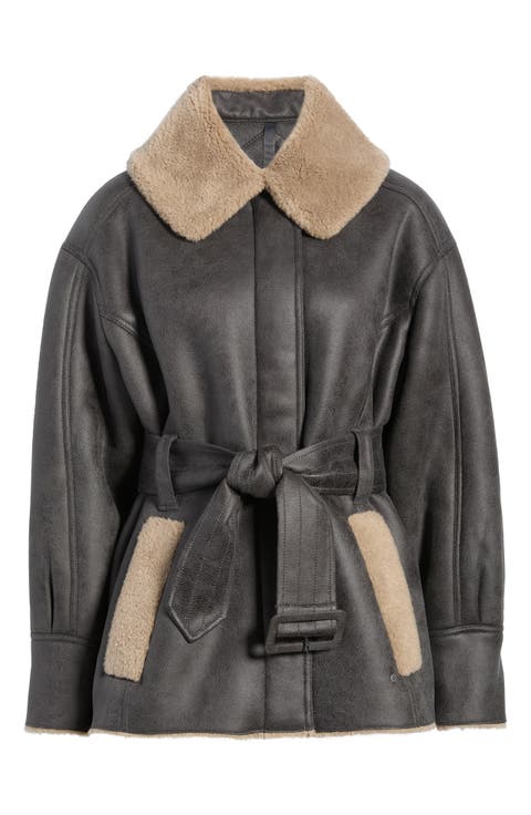 Ensily Faux Leather Belted Jacket with Faux Fur Trim
