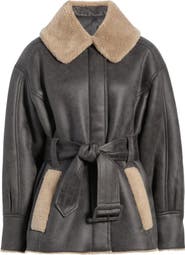 UGG® Ensily Faux Leather Belted Jacket with Faux Fur Trim