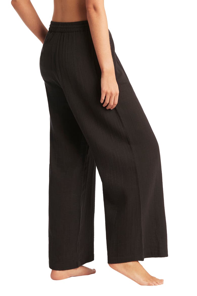 Sunset Beach High Waist Cotton Gauze Cover-Up Pants, Alternate, color, BLACK