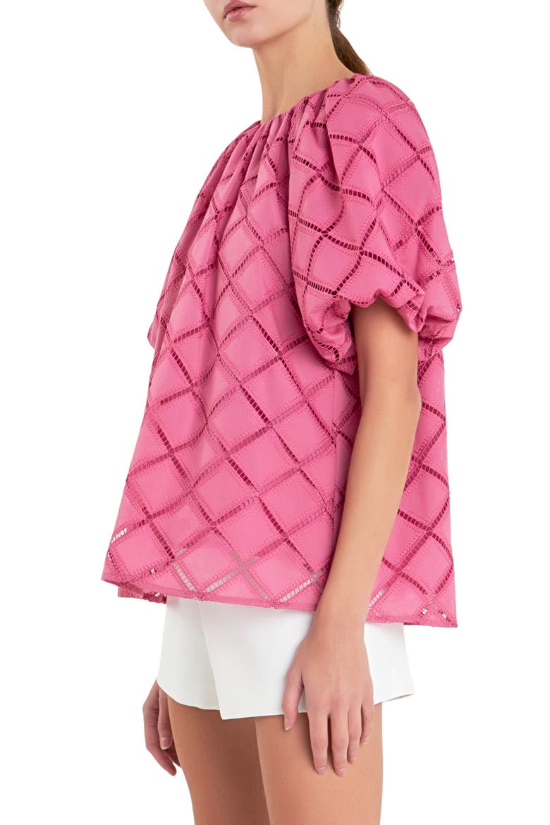 Embroidered Tie Back Puff Sleeve Top, Alternate, color, BERRY PINK