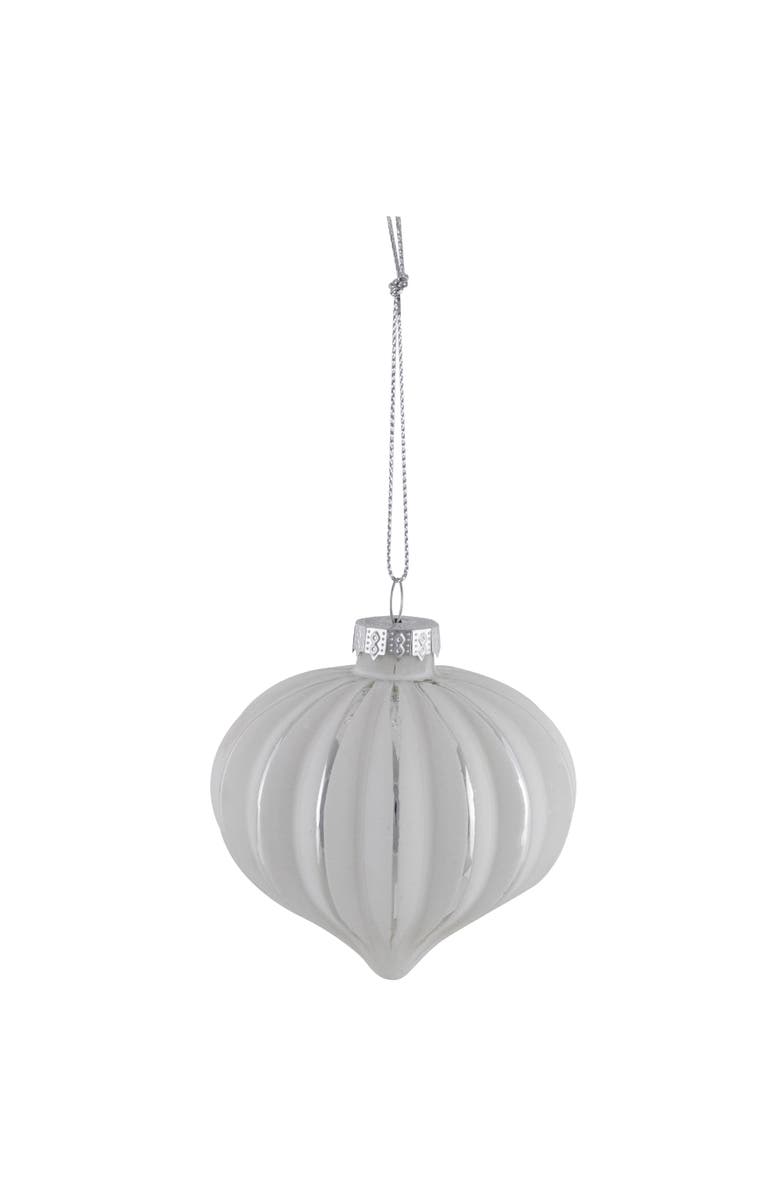 Northlight Striped Ball and Onion Glass Christmas Ornaments - 3" (80mm) - White and Silver - 4ct, Alternate, color, White