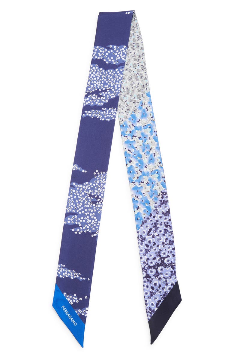 FERRAGAMO Fiorenza Floral Reversible Silk Skinny Scarf, Main, color, New Navy/Blu
