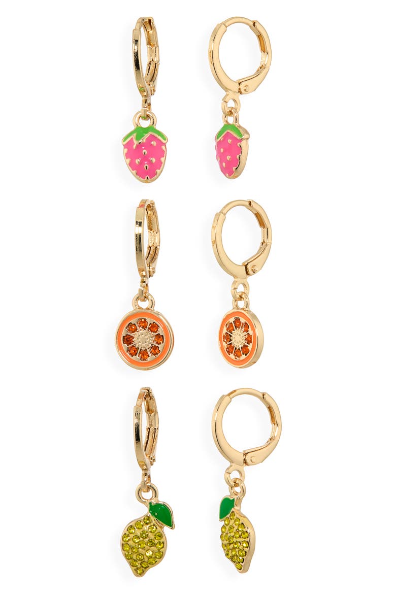 3-Pack Assorted Fruit Drop Huggie Hoop Earrings, Main, color, ORANGE MULTI- GOLD