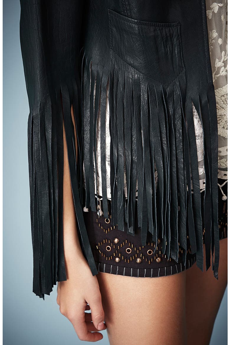 Kate Moss for Topshop Fringed Leather Jacket, Alternate, color, NAVY BLUE