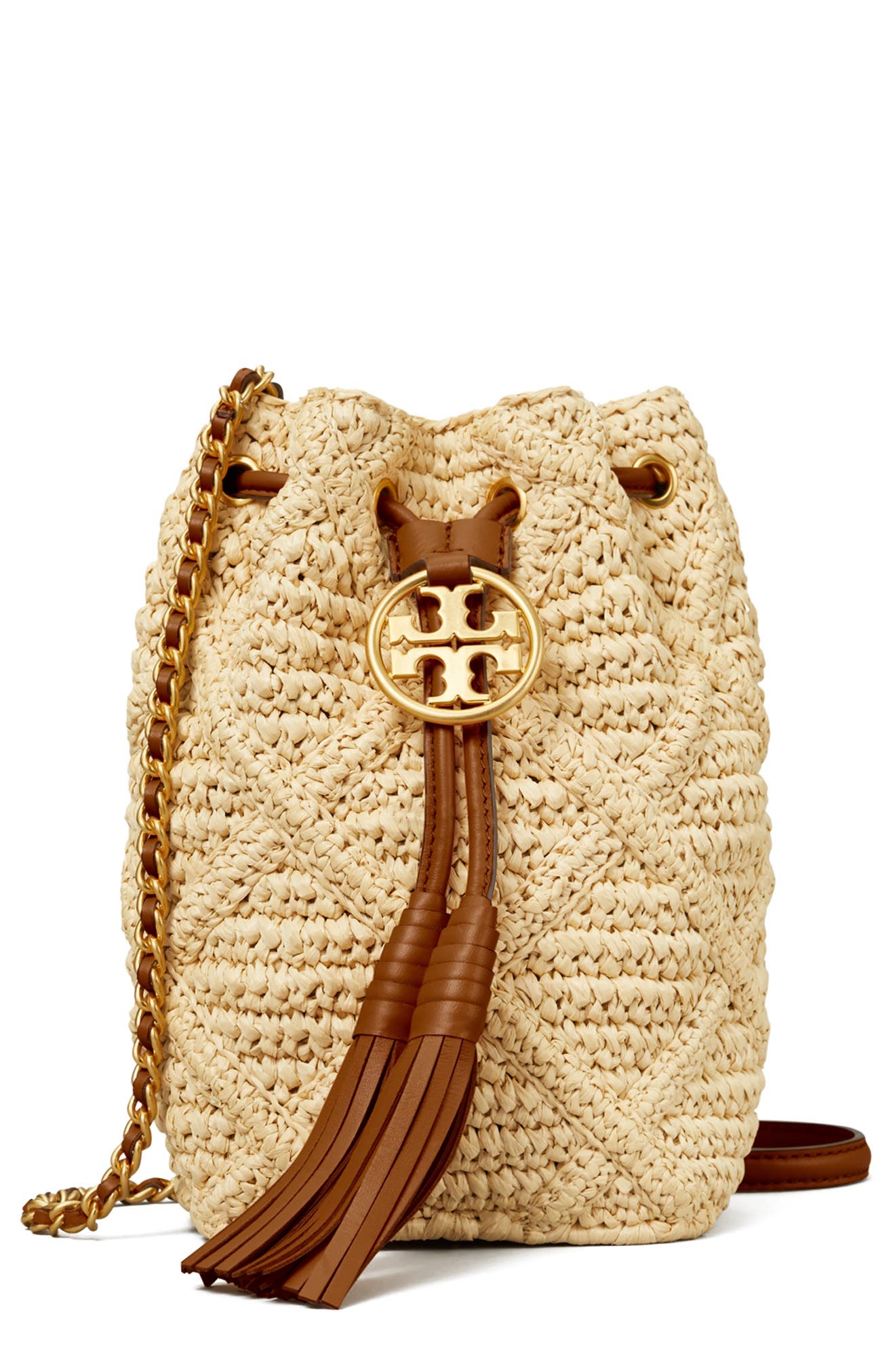 Tory Burch Fleming Soft Straw Crochet Mini Bucket Bag, Main, color, 