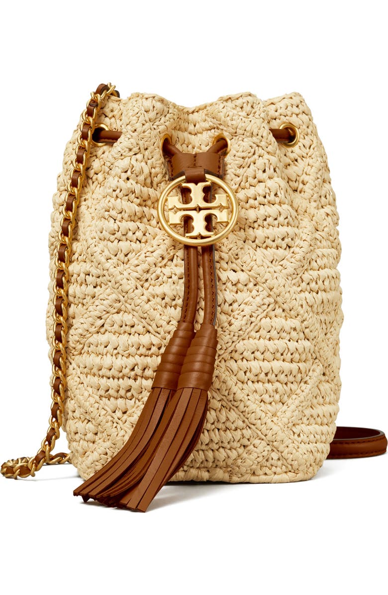 Tory Burch Fleming Soft Straw Crochet Mini Bucket Bag, Main, color,