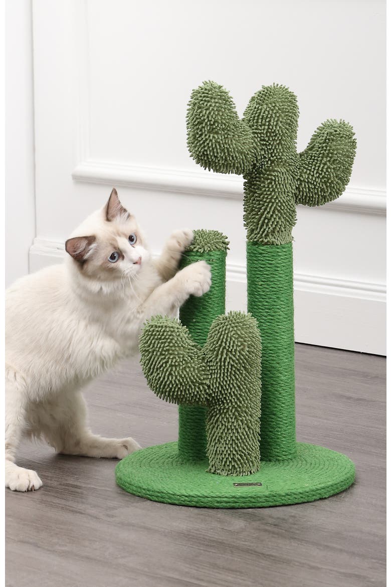 Marfa Modern Jute Triple-Cactus Cat Scratching Post with Fuzzy Toy, Alternate, color, Green