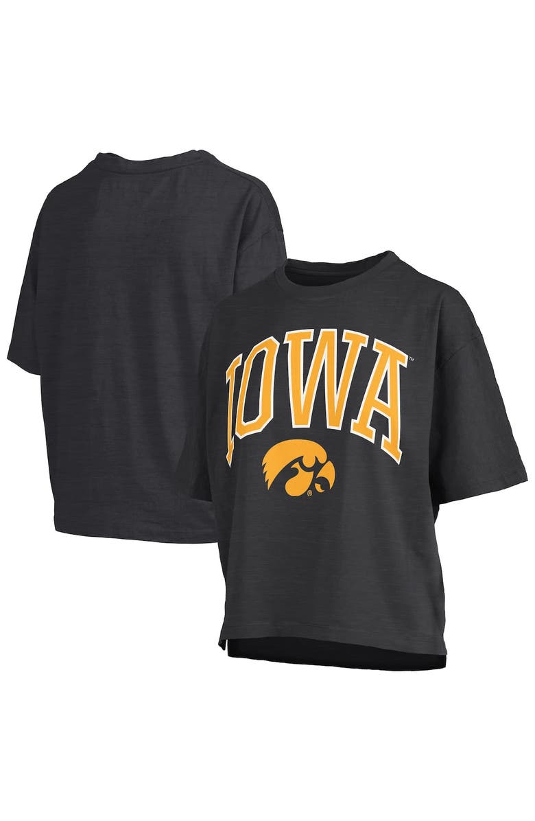 PRESSBOX Women's Pressbox Black Iowa Hawkeyes Nelson Arch Over Logo Waist Length Oversized Slub T-Shirt, Main, color, Black