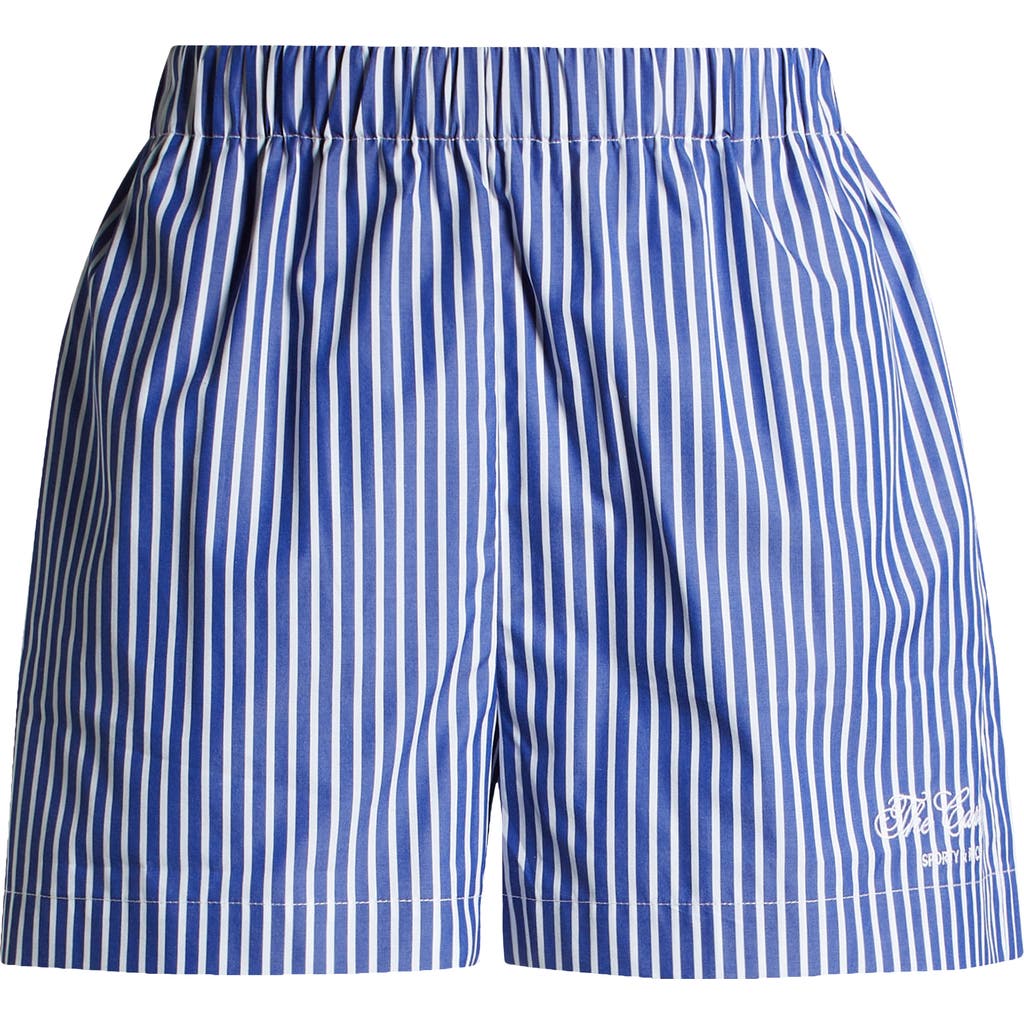 Sporty And Rich Sporty & Rich X The Carlyle Embroidered Stripe Cotton Poplin Boxer Shorts In Navy/white