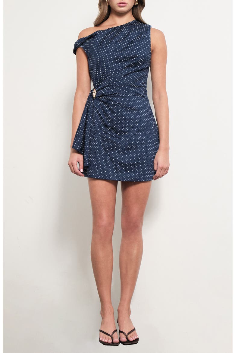 Kaia Dot One-Shoulder Minidress, Main, color, NAVY WHITE DOTS