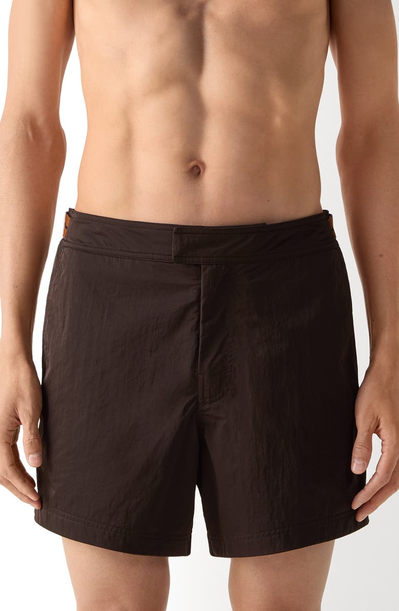 ZEGNA 232 Road Brand Mark Rio Swim Trunks, Main, color, Dark Brown