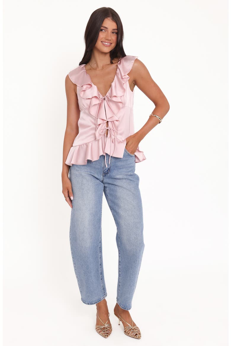 Orelia Tie Front Ruffle Satin Top, Alternate, color, PINK