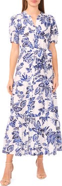 Halogen® Paisley Puff Sleeve Tiered Maxi Shirtdress