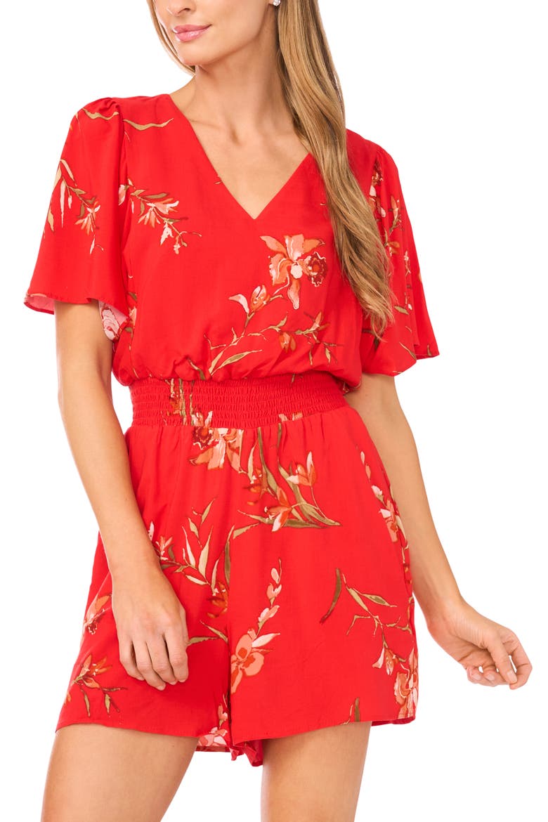 V-Neck Flutter Sleeve Romper, Alternate, color, FIERY RED