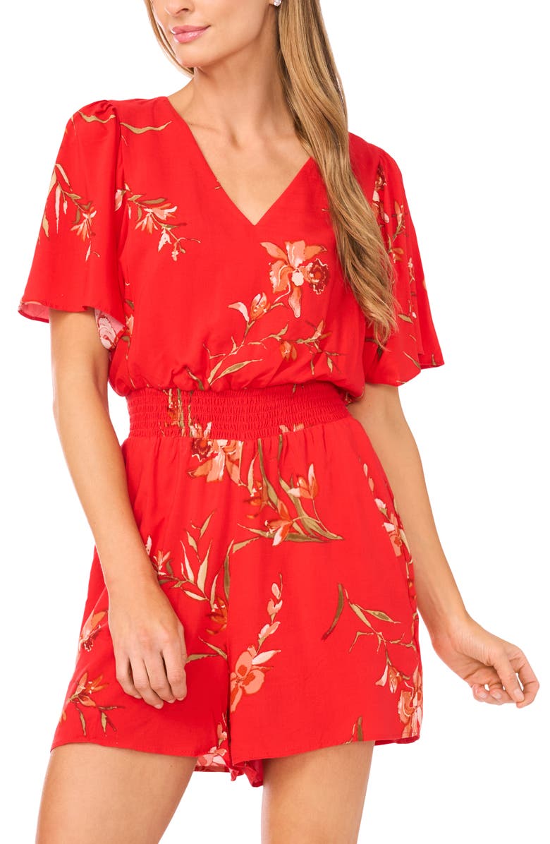 CeCe V-Neck Flutter Sleeve Romper, Alternate, color, Fiery Red