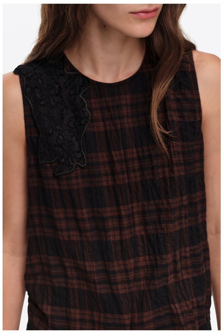 Checked Midi Dress with Lace Trim, Alternate, color, DARK BROWN
