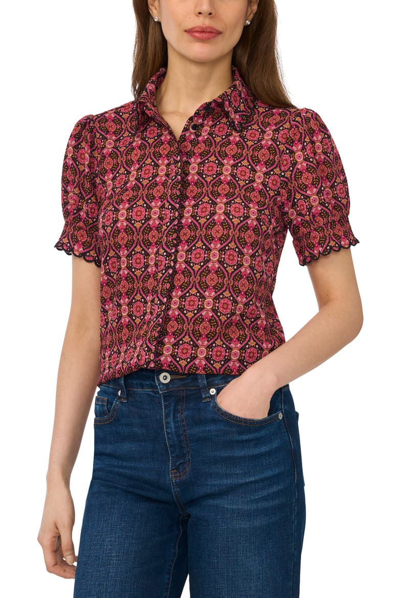 Paisley Puff Sleeve Crepe Button-Up Shirt, Main, color, RICH BLACK/ BURGUNDY
