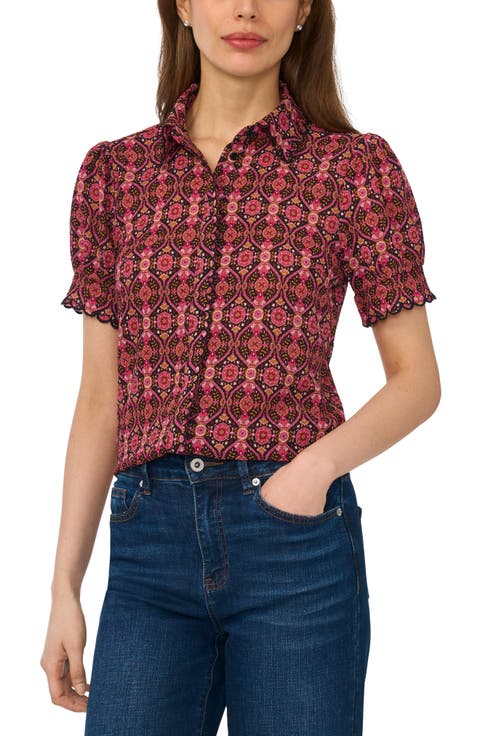 Paisley Puff Sleeve Crepe Button-Up Shirt
