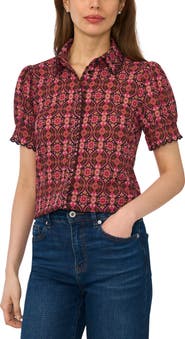 CeCe Paisley Puff Sleeve Crepe Button-Up Shirt