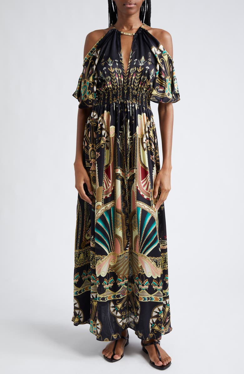 Camilla They Called Her Nefertari Chain Detail Flutter Sleeve Silk Dress, Main, color, 