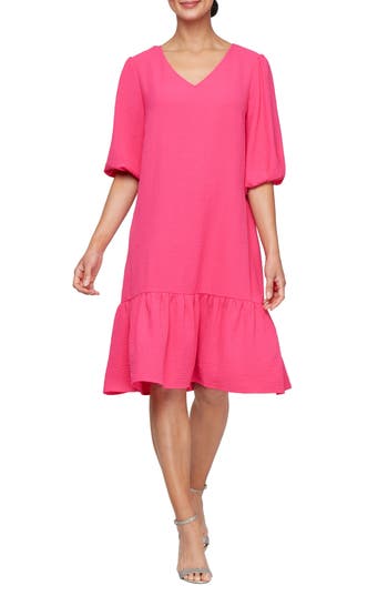 Shop Sl Fashions V-neck Puff Sleeve Dress In Fuchsia