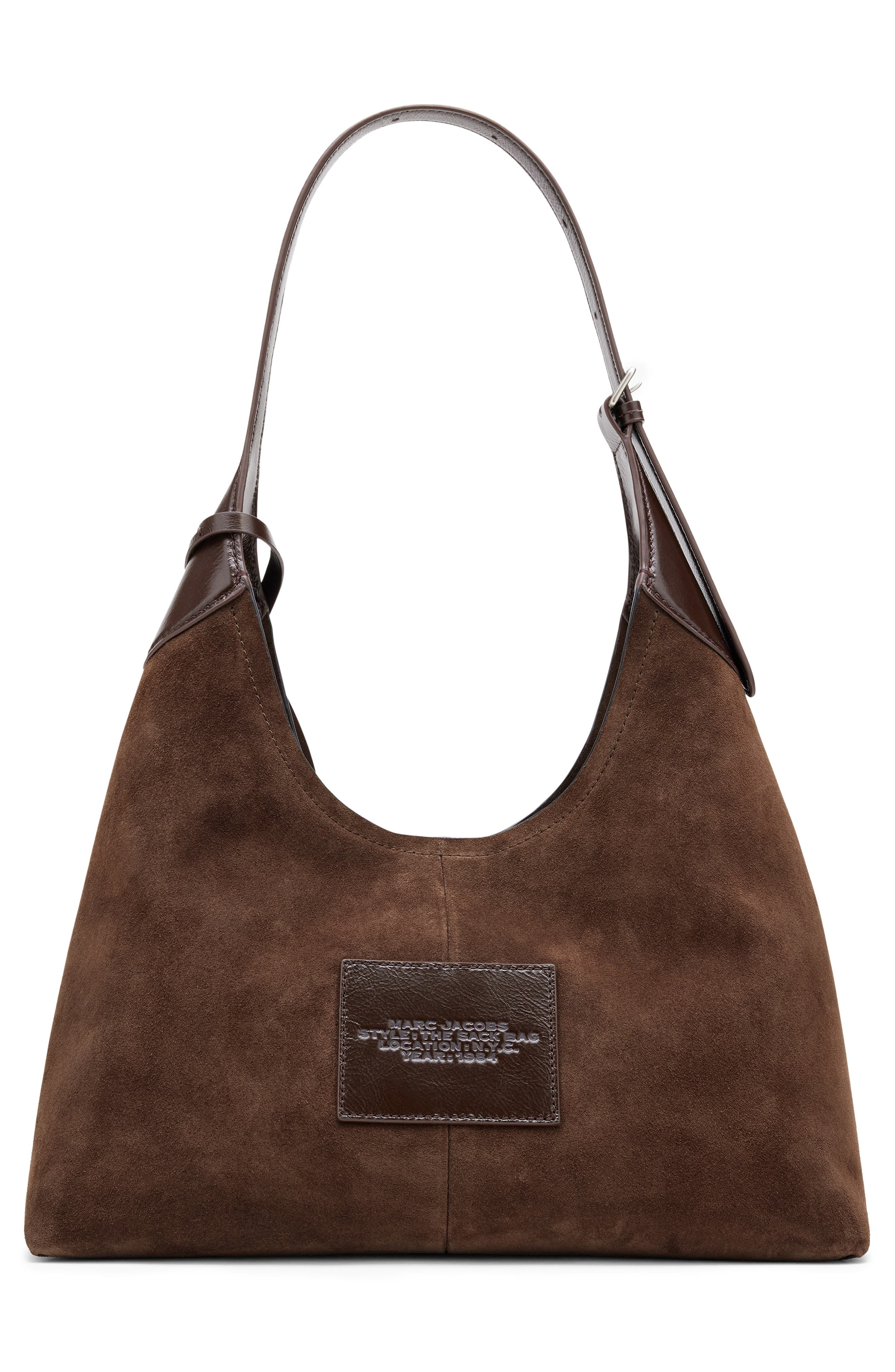 The Belted Sack Suede Leather Bag, Alternate, color, DARK BROWN
