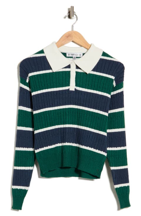 Striped Cable Knit Polo Sweater