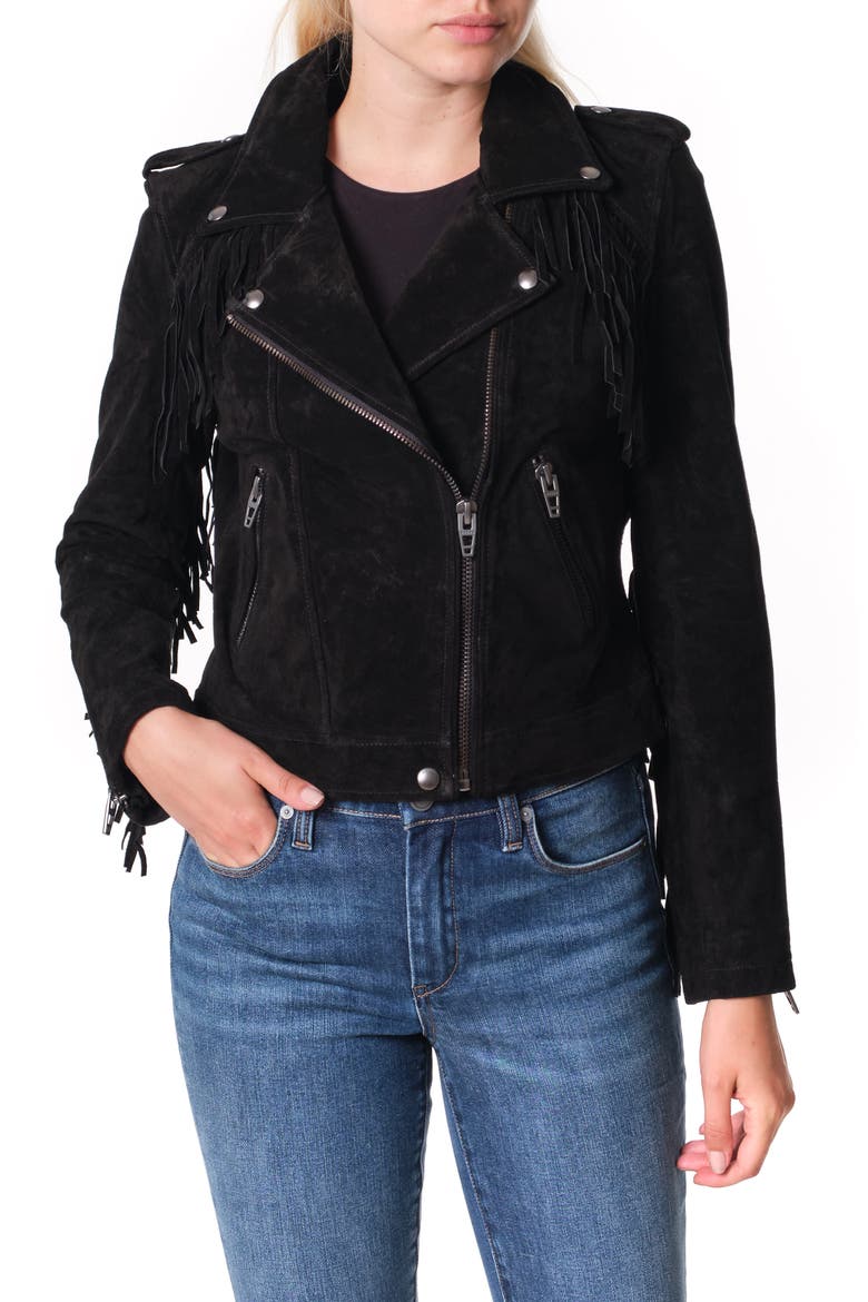 Fringe Trim Suede Moto Jacket, Main, color, BLACK